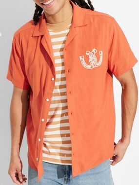 Original Use Brand - Orange Button Down Shirt w Horseshoe Embroidery - Large